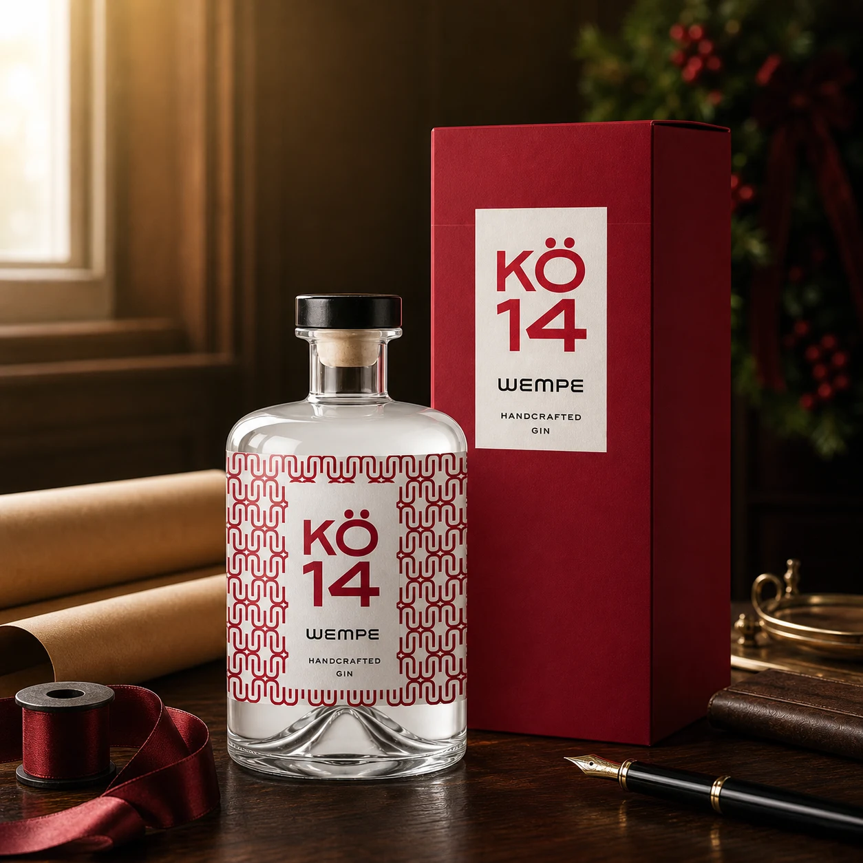 KÖ14 Gin mit Geschenkbox auf einem weihnachtlichen Executive Desk