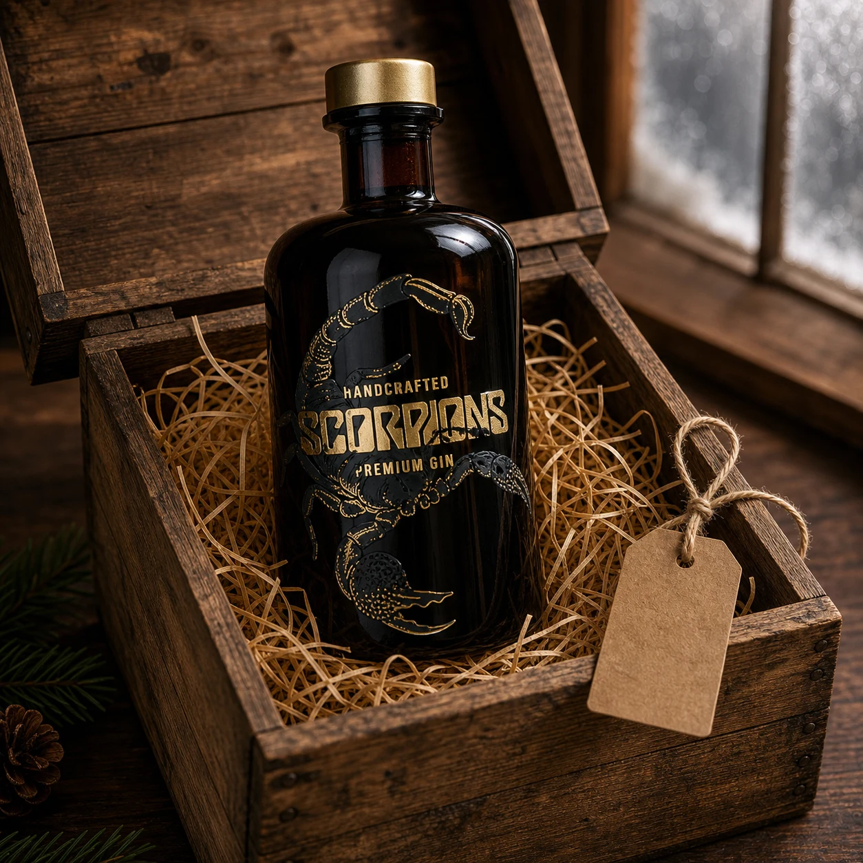 Scorpions Premium Gin in einer rustikalen Holzkiste
