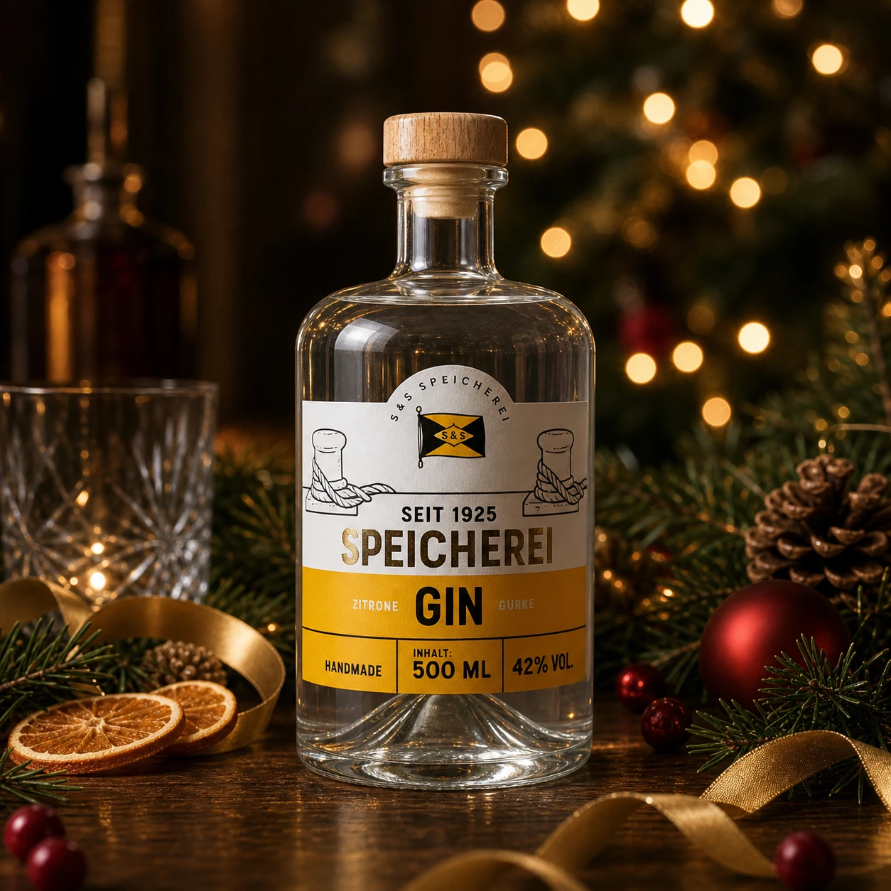 Speicherei Gin mit weiß-gelbem Etikett als festliche Weihnachtsedition