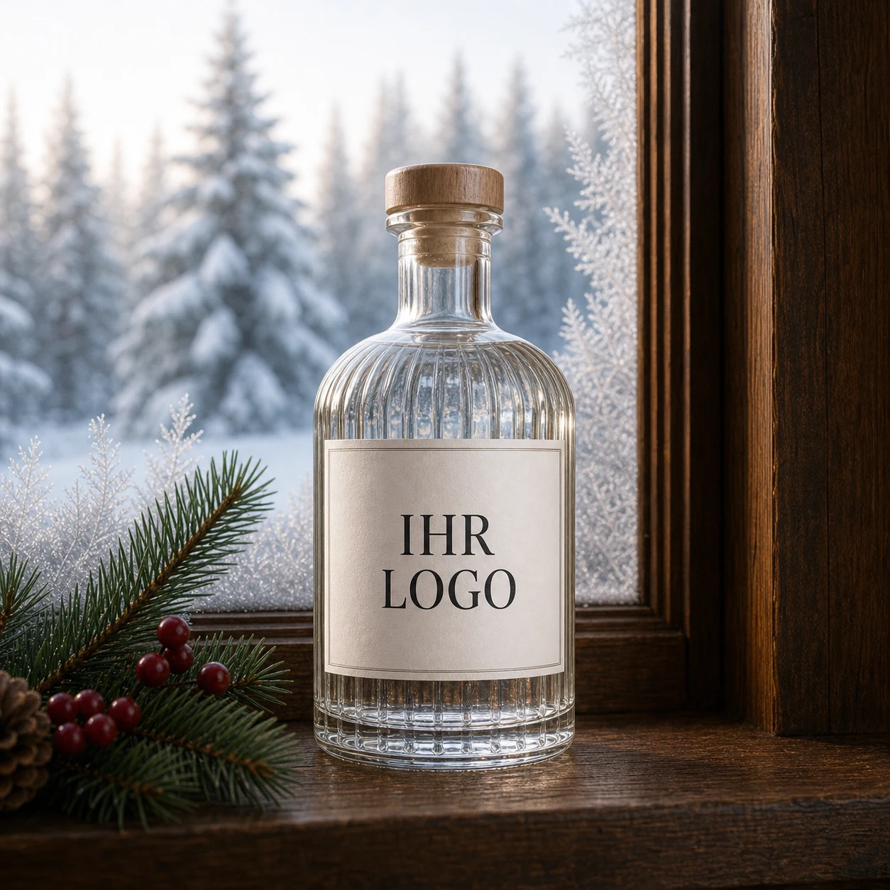 Individuelle Premium-Spirituose mit IHR LOGO Etikett auf einer winterlichen Fensterbank