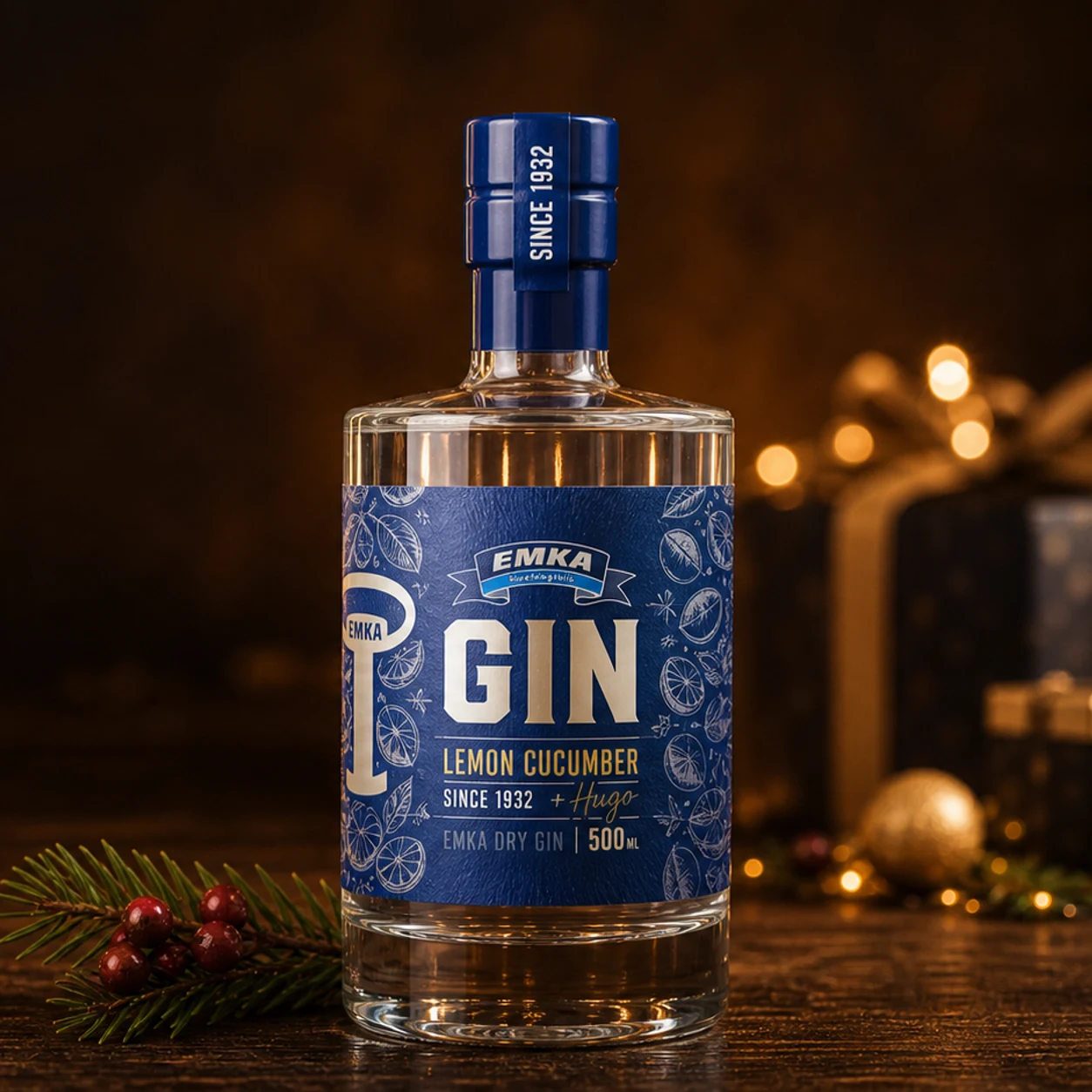 EMKA Gin als Premium-Weihnachtsedition mit warmem Lichterketten-Hintergrund